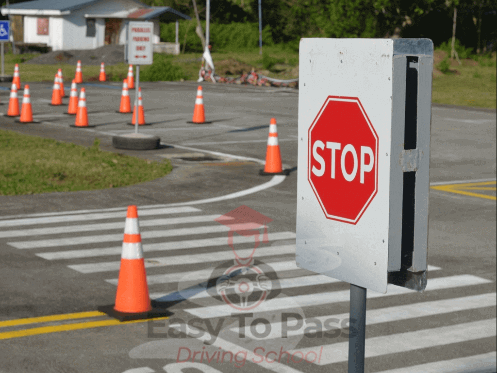 A picture with cones and stop sign